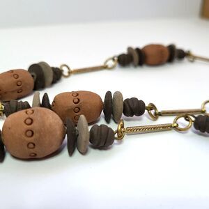 Vintage Rustic Handmade Clay‎ Bead 36" Necklace Goldtone Bar Chain